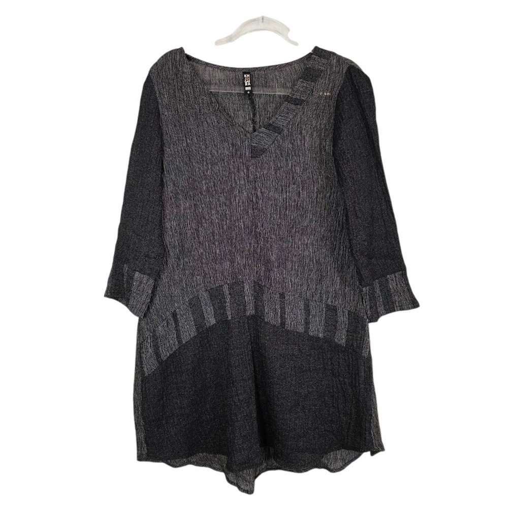 Khangura Women M Marsielle Dress Black White Textured Linen V-Neck 3/4 Sleeve